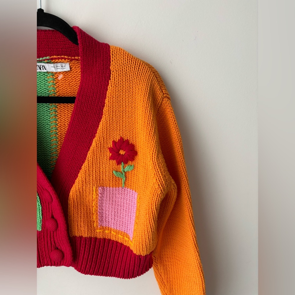 Zara Colorblock Cropped Cardigan Sweater Cottagecore Sun Moon Floral - Picture 2 of 11
